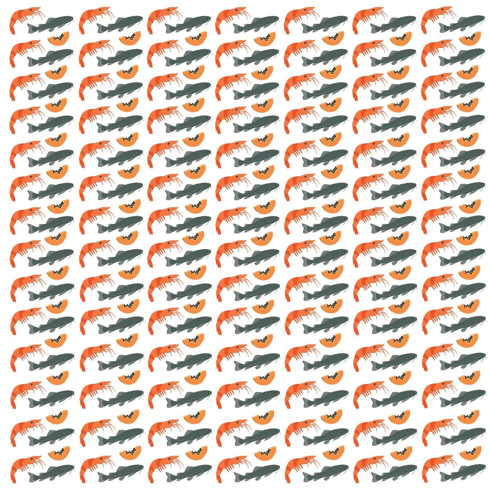 catfish, shrimp and papaya as a pattern background vector