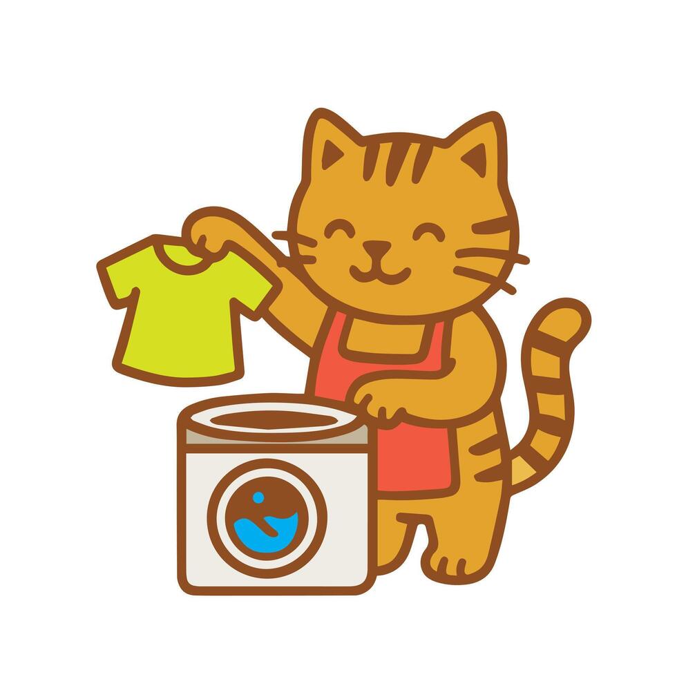Cartoon Cat Doing Laundry with a Washing Machine vector