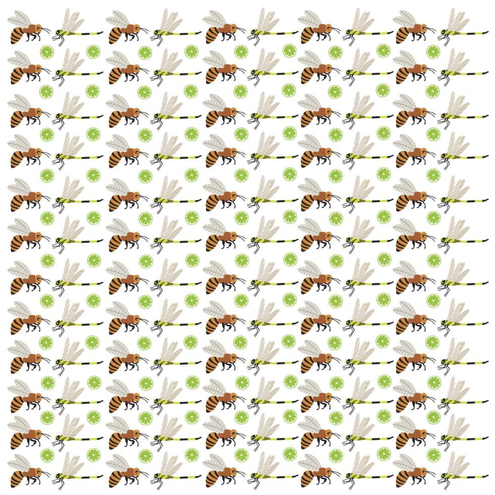 dragonflies and bees with fruit as a pattern background vector