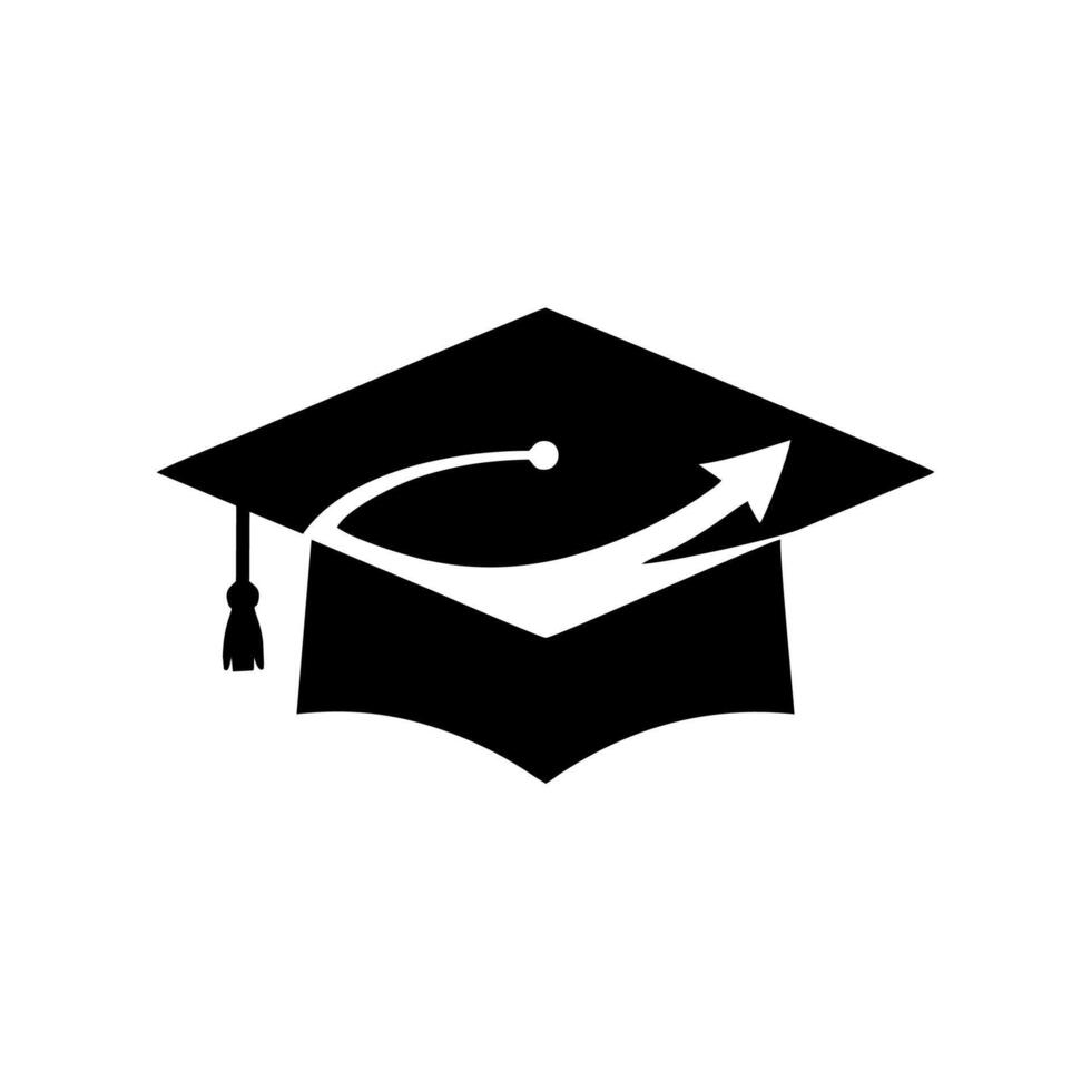 A black and white graduation cap with an arrow vector