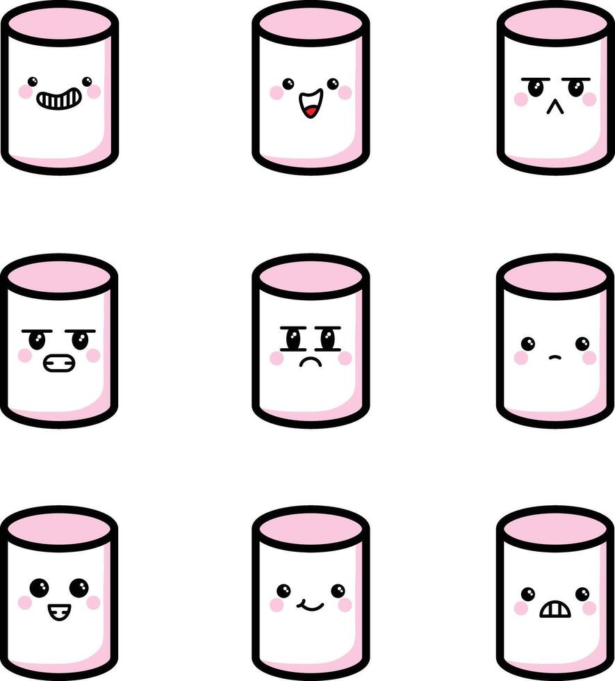 Kawaii marshmallows flat collection set with cute expressions and faces, with named and arranged layers vector