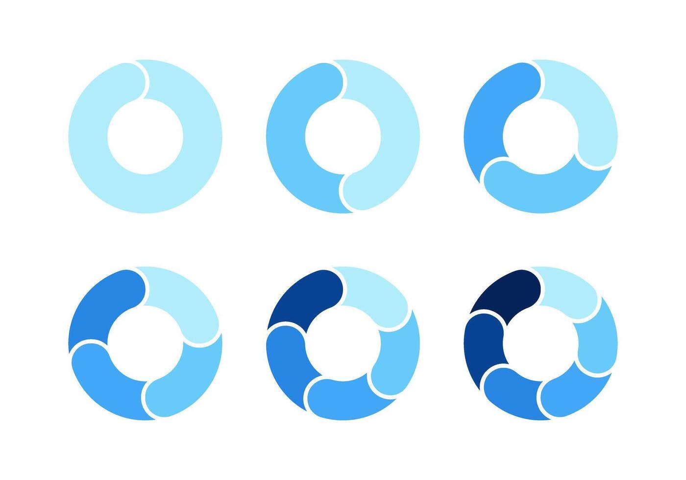 Pie chart for infographics. Circle sections for design of presentation of cycles, steps or stages. Set illustration isolated on white background. vector