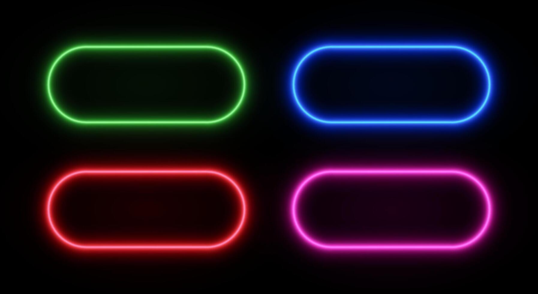 Neon glow rounded rectangle frame. Button led border light. Laser set of title templates on black background. vector