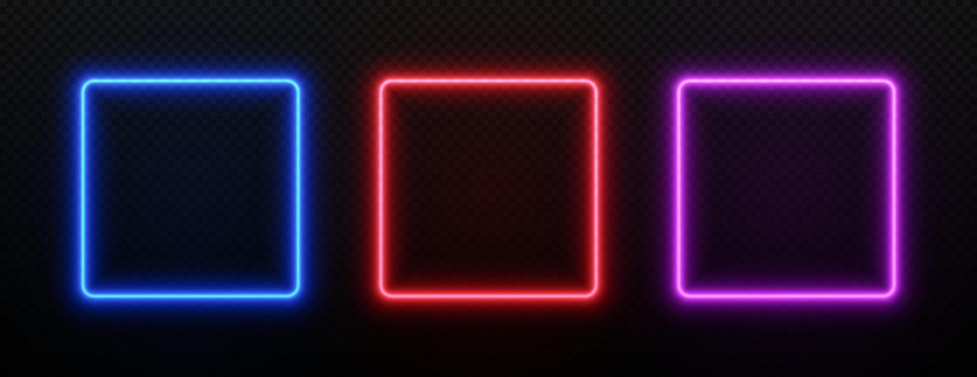 Light neon square frame. Glow led box border. Set of laser templates for design isolated on dark transparent background. vector