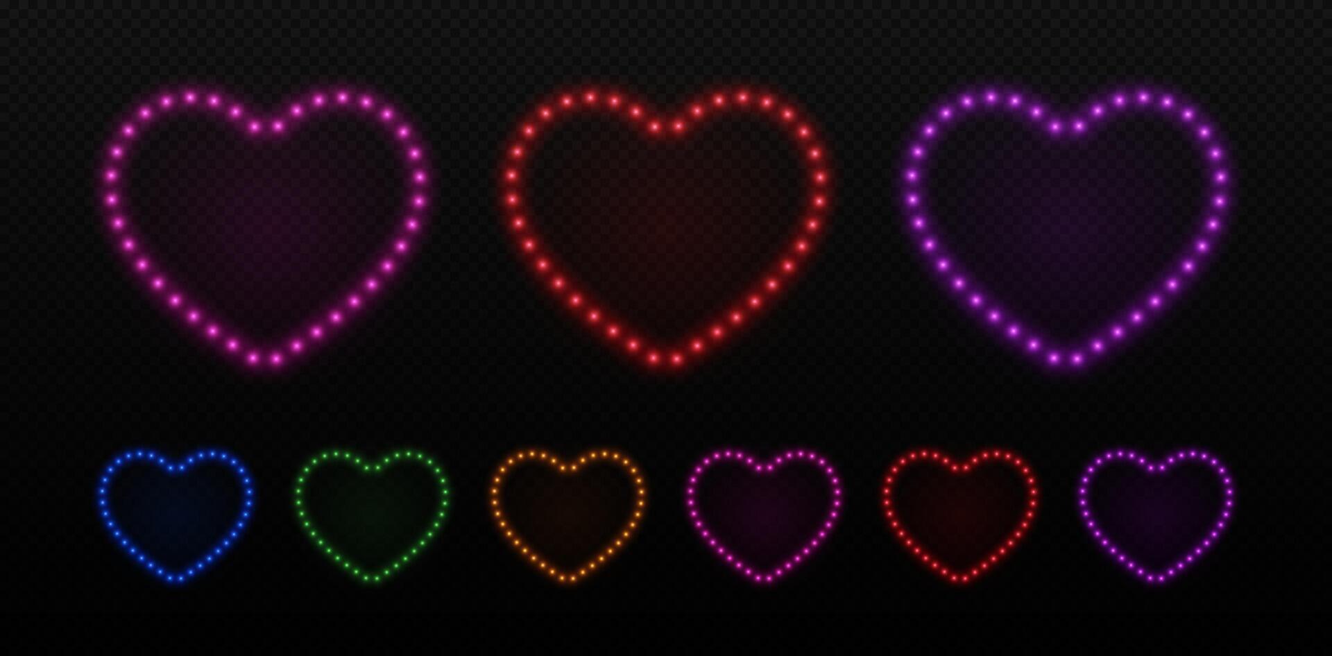 Light neon frame heart with bulbs. Led glow lamps border for love day. Set of retro elements for game and party. vector