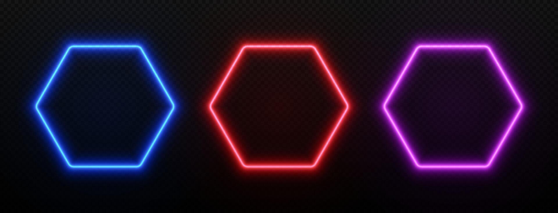 Neon light hexagon frame. Borders with led glow in blue, red and purple. Fluorescent empty template for design with space for text. vector