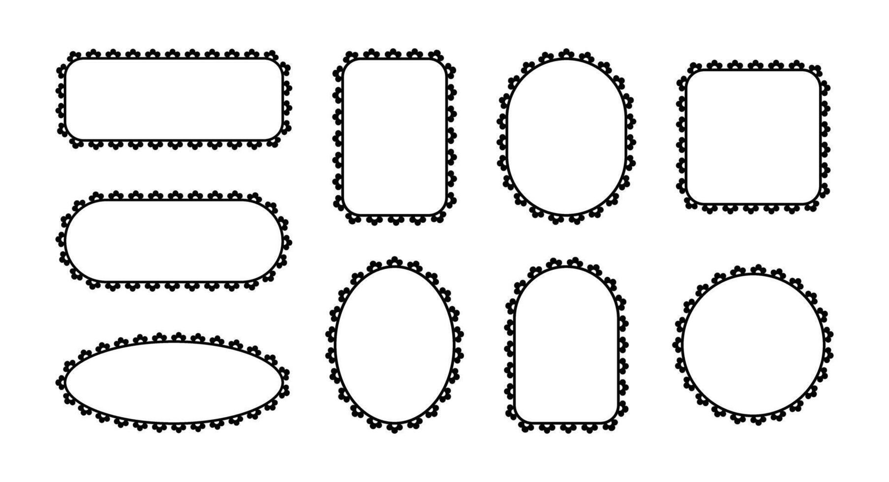Frames with scallop border. Lace patterns border edges on different geometric shapes circle, rectangle and square. Set of black elements isolated on white background. vector
