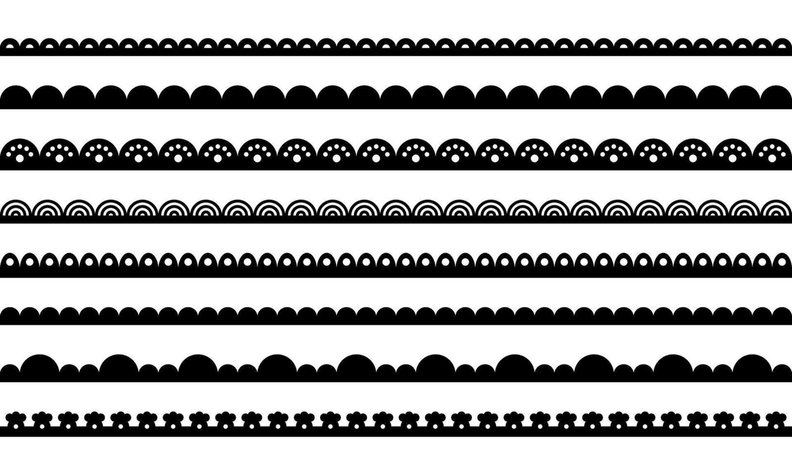 Lace border edge. Scallop pattern on fabric ribbon. Set of lines with ornament isolated illustration on white background. vector