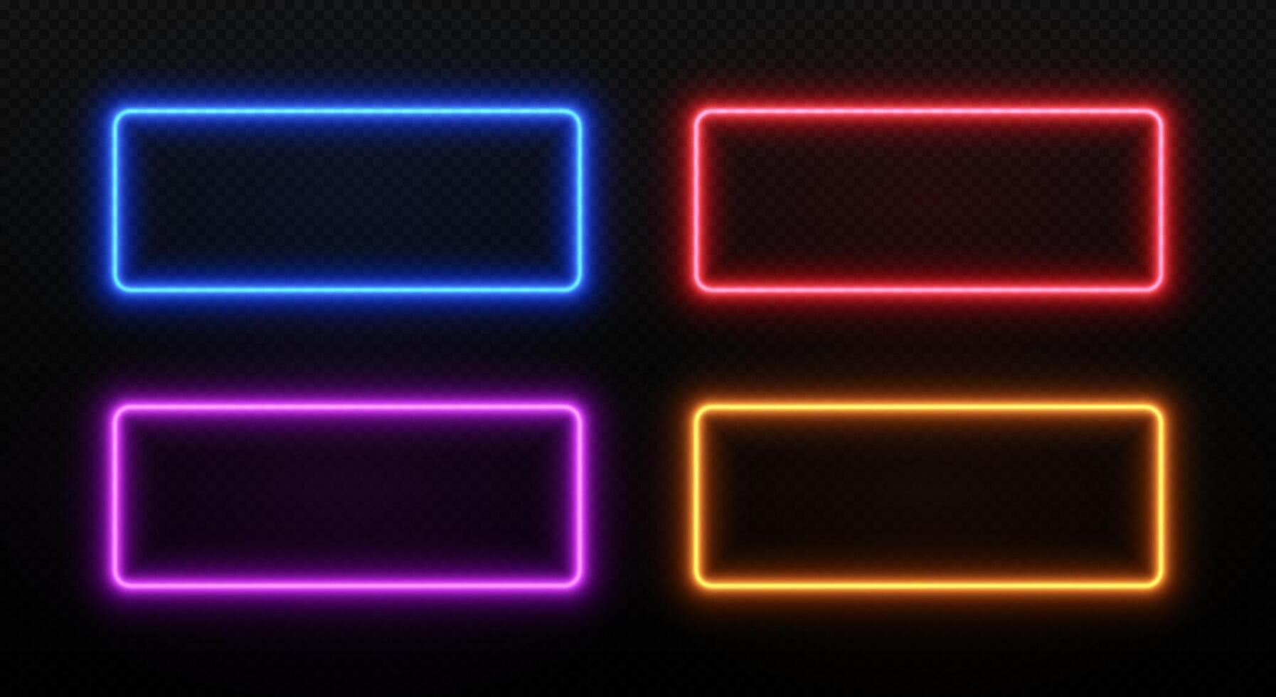 Light neon rectangle frame. Glow LED border. Set of laser templates for design isolated on dark transparent background. vector