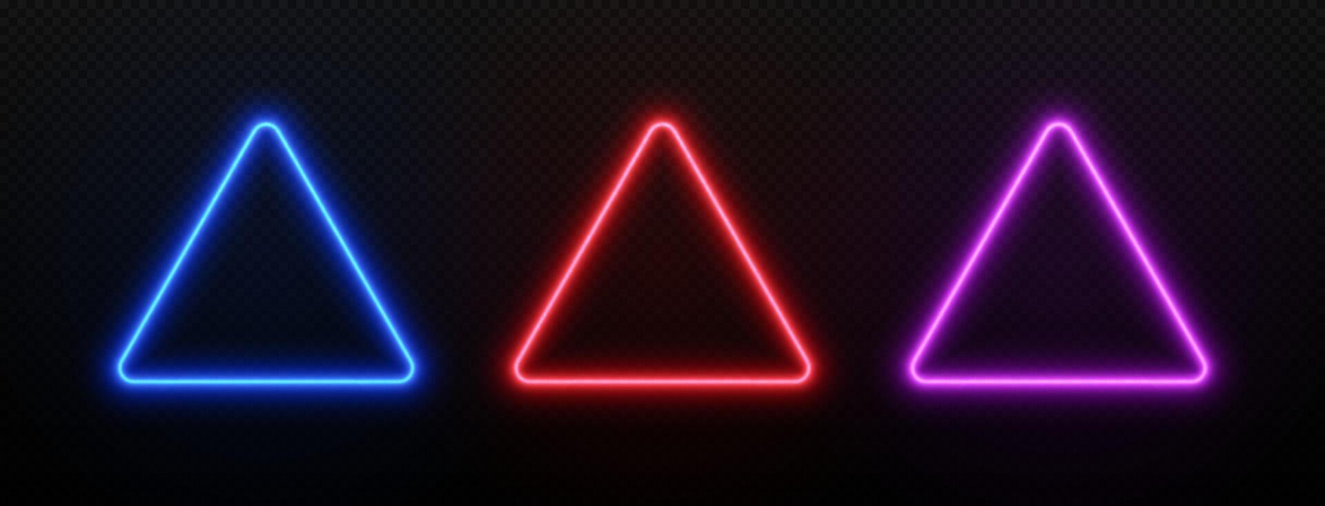 Triangle neon light frame. Border with laser glow in red, blue and purple. LED play sign for playing music. Template for text design. vector