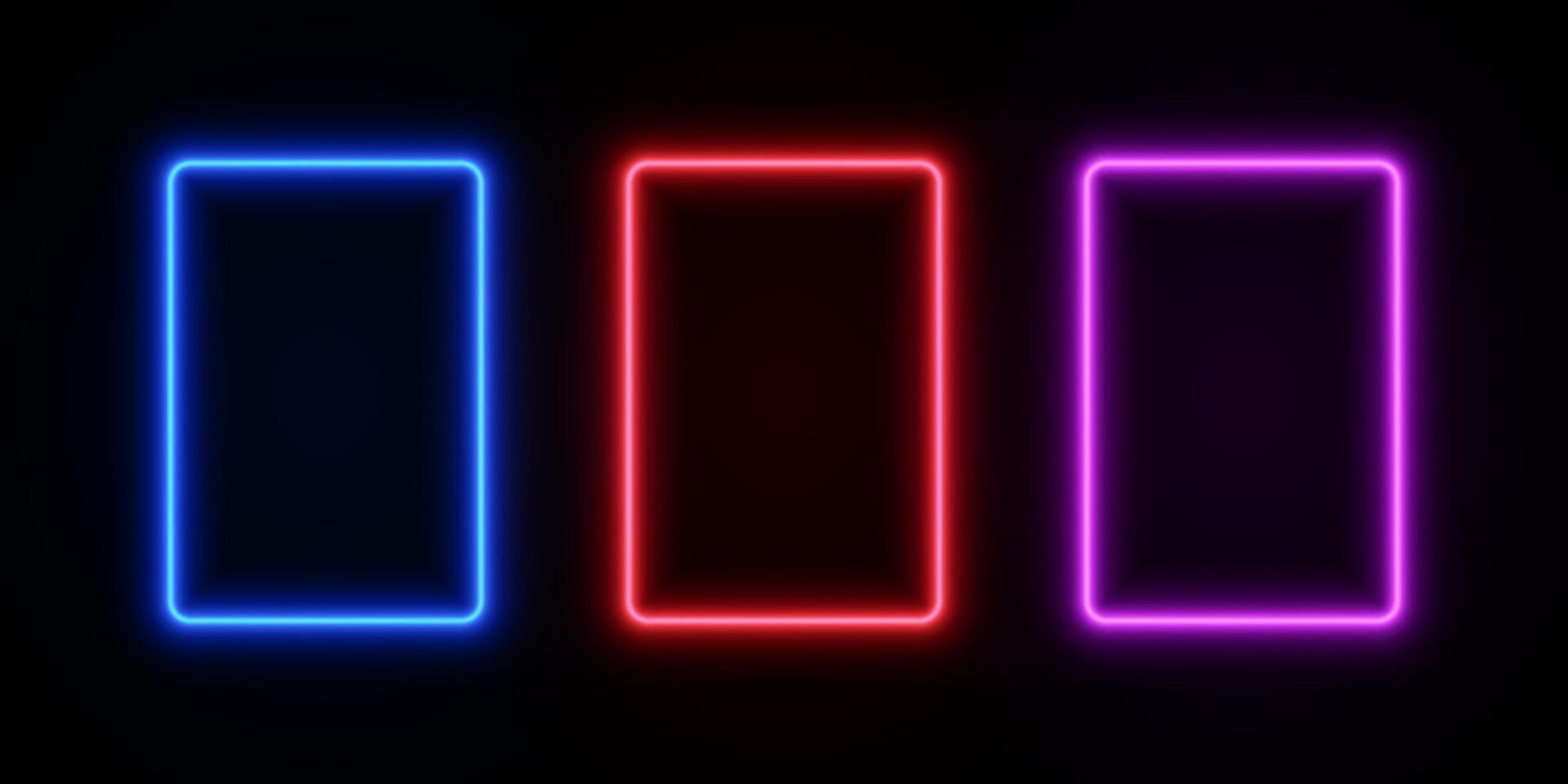 Light neon rectangle frames. Glow LED border of blue, red and purple colors on black transparent background. Set laser template for design. vector