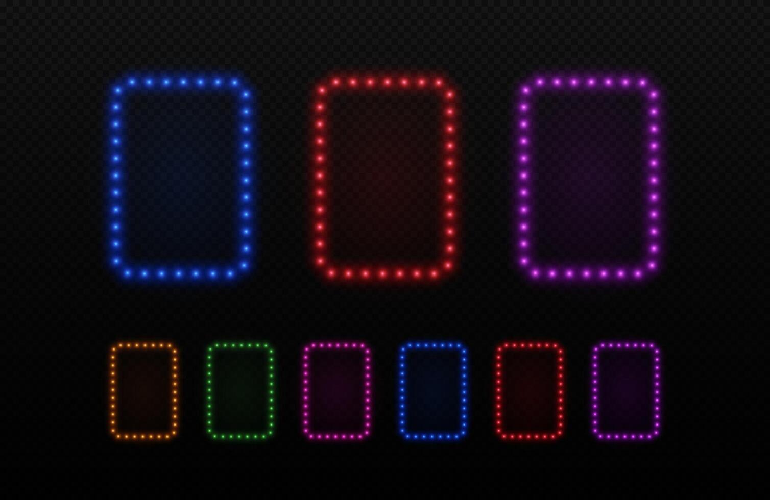 Light neon frame with bulbs. Retro rectangle lamps border for cinema, casino and party advertising. Set of led elements isolated on dark background. vector