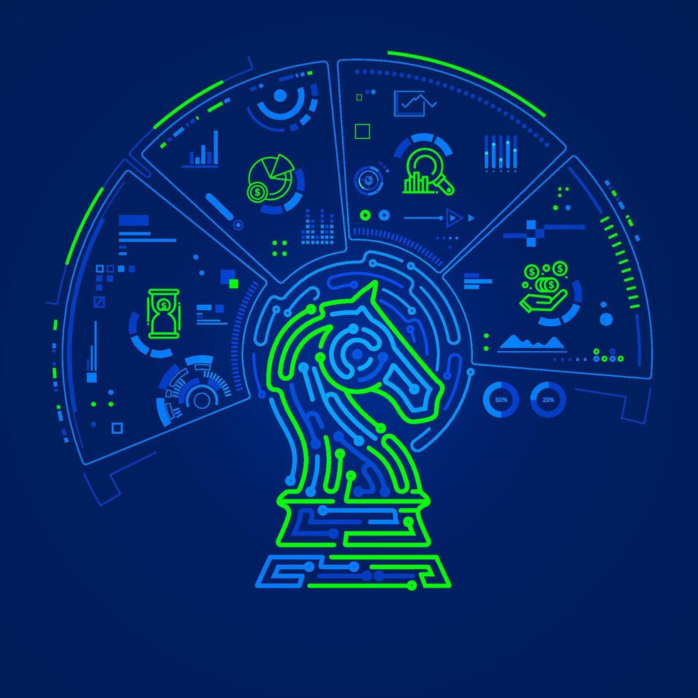 concept of bussiness technology strategy, graphic of piece of chess knight with business futuristic element vector