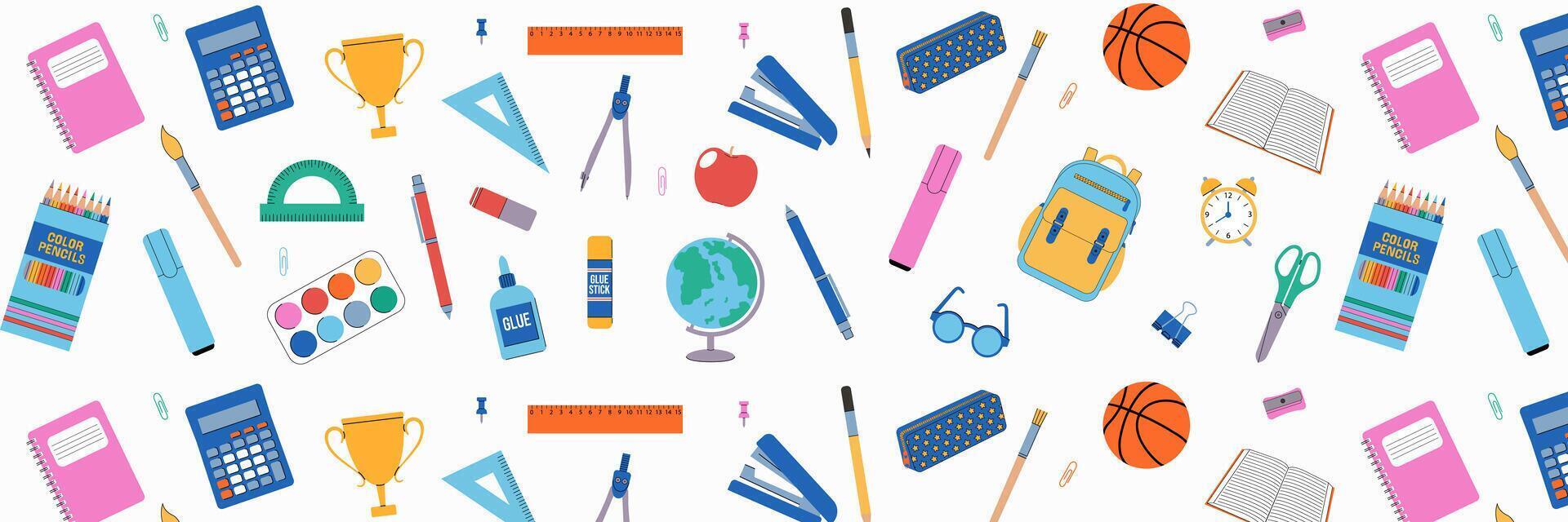Seamless repeating pattern, background of school supplies on white background. Back to school. vector