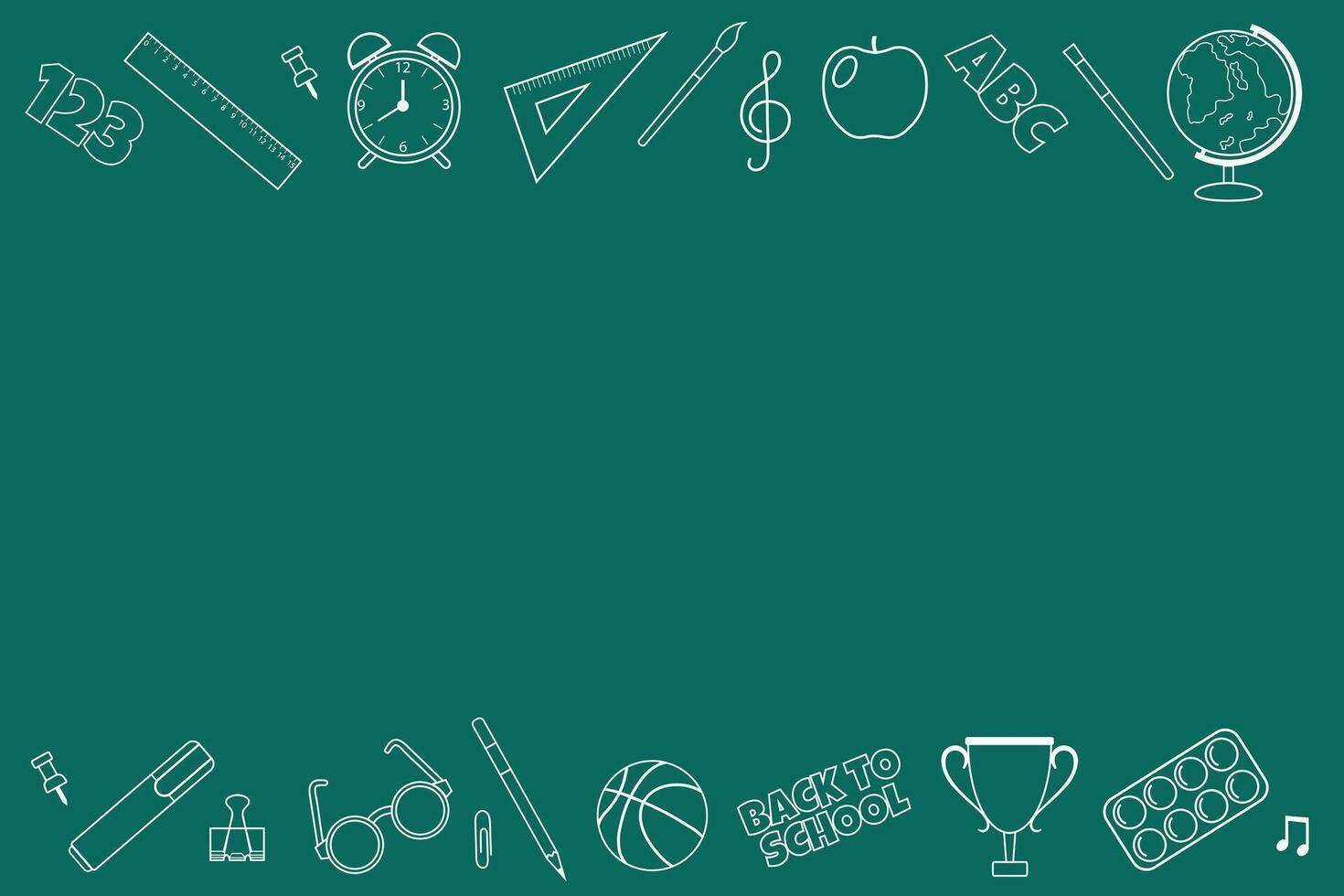 background in the form of a school chalkboard with school supplies drawn on the edges and empty space for text. vector
