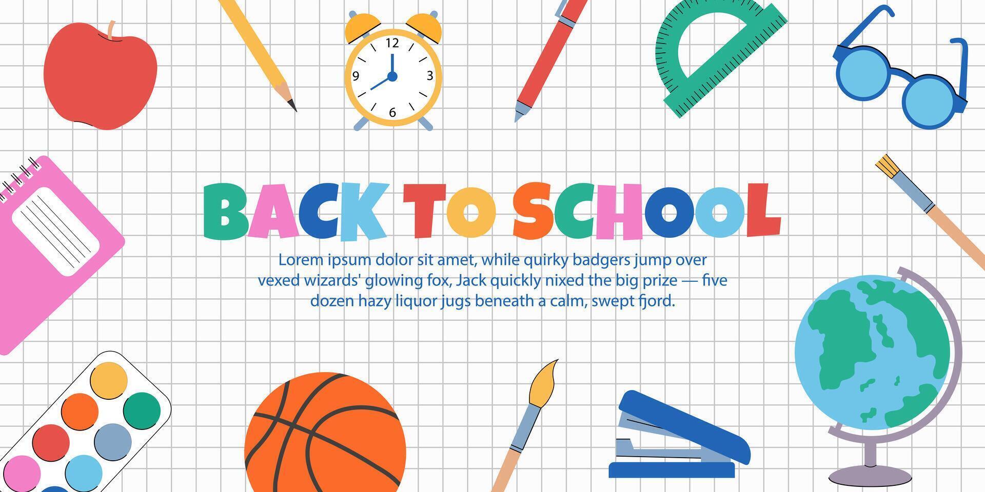 Creative idea Back to school for website, presentation. poster design template with checkered background and school supplies vector