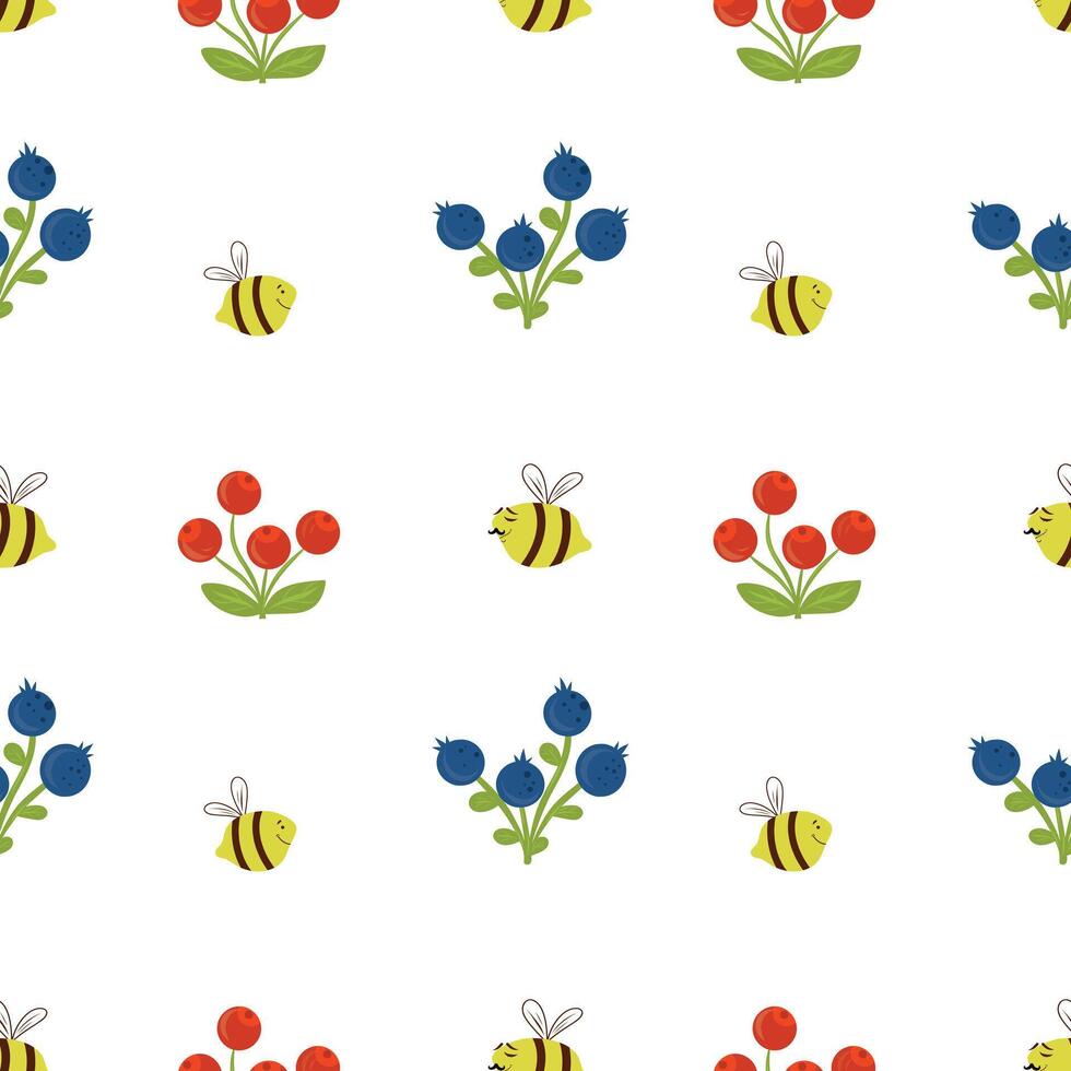 Cute cartoon bee with berries seamless pattern, honeybees, red and blue berries pattern vector