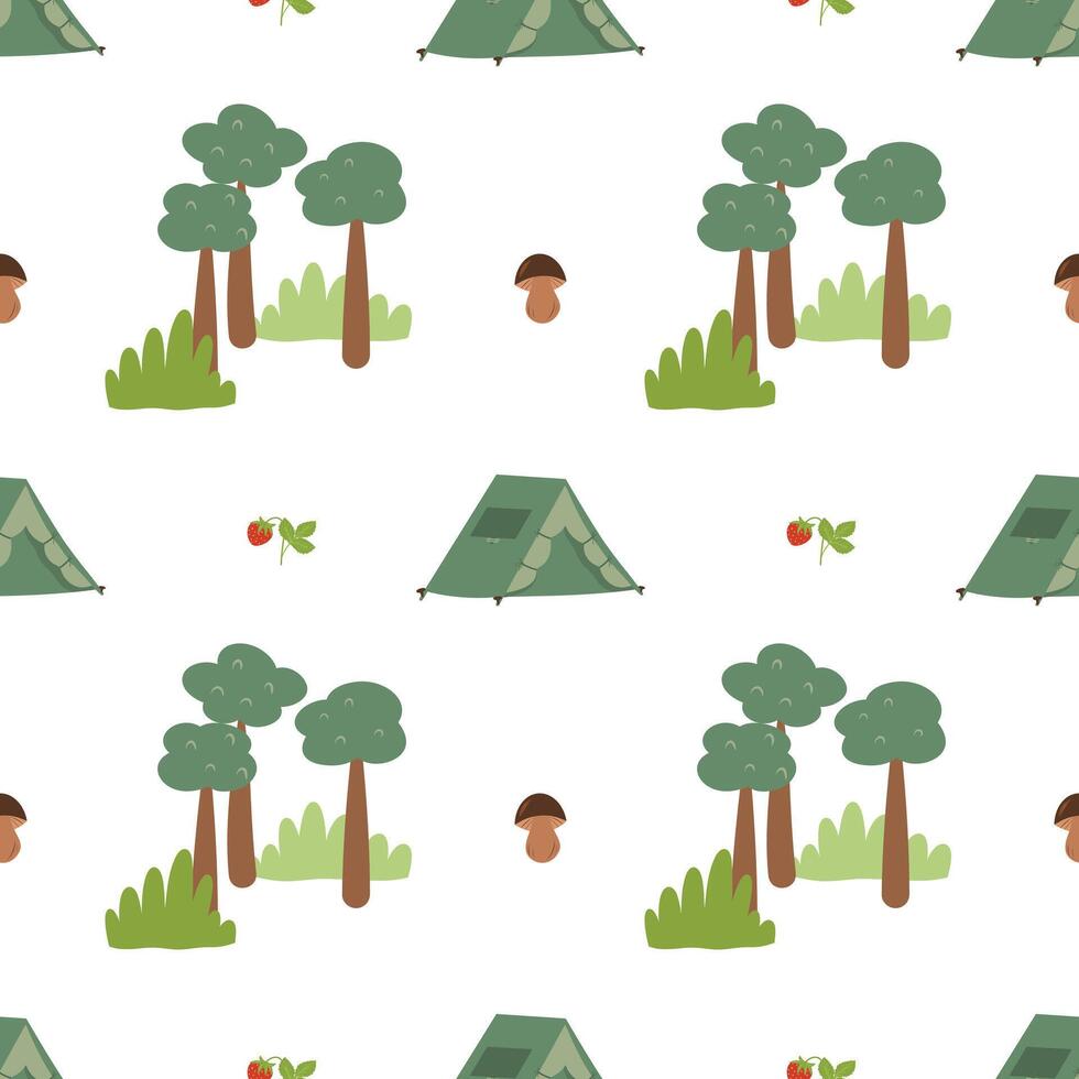 Forest seamless pattern. Nature background. Trees, grass, mushrooms, berries and camp tent decorations vector