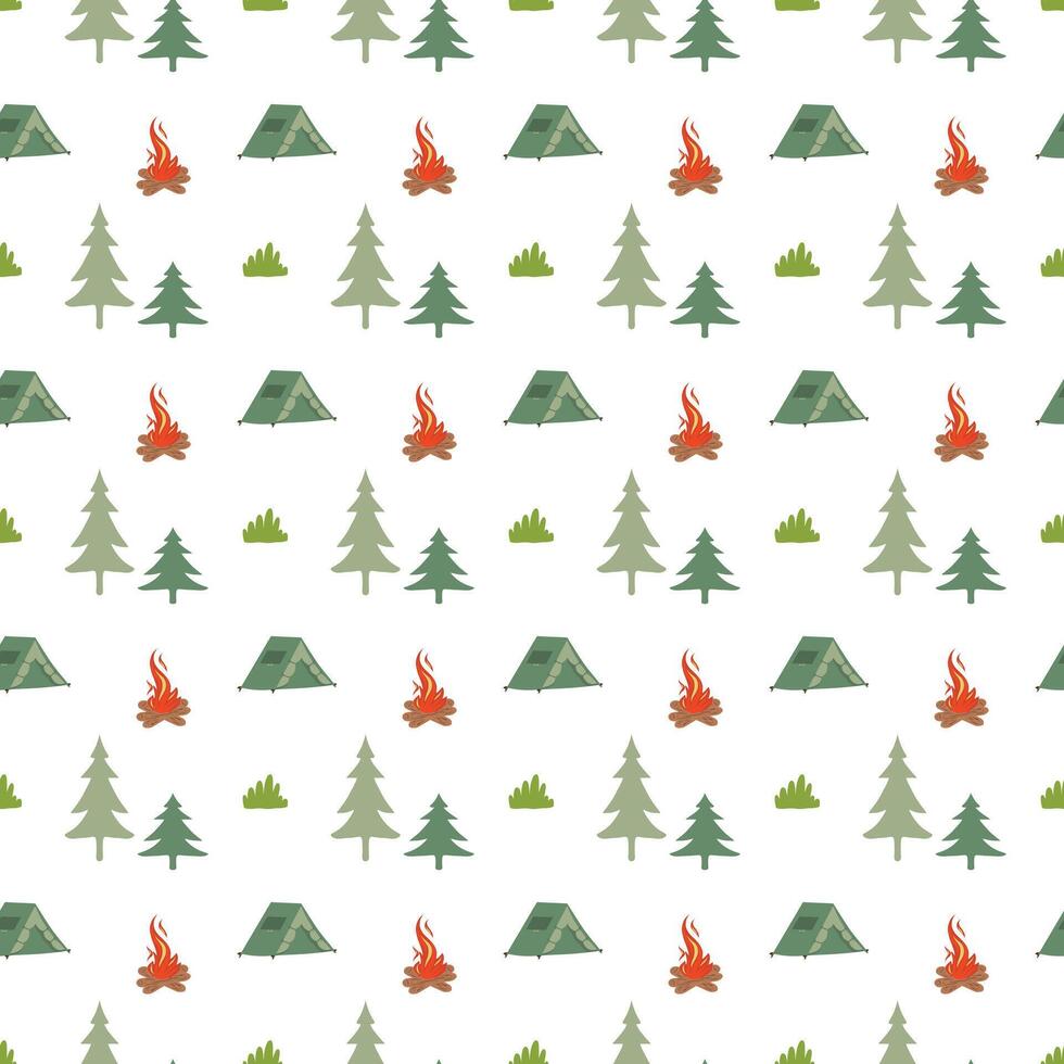 Forest seamless pattern. Nature background. Trees, grass, camp fire and camp tent decorations vector