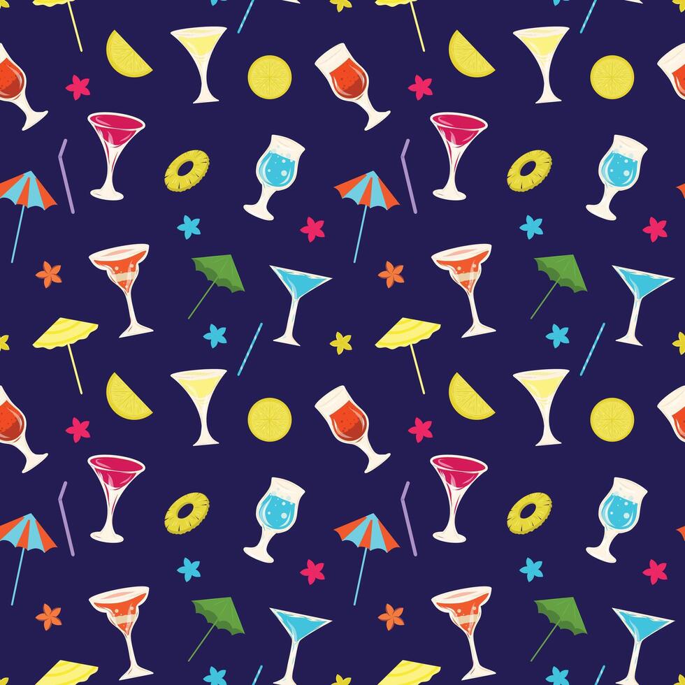 Cocktails hand drawn seamless pattern on a blue background. Glass of cocktail, lemon slices, pineapple slices, flowers, drinking straws, cocktail umbrellas. Alcohol cocktail vector