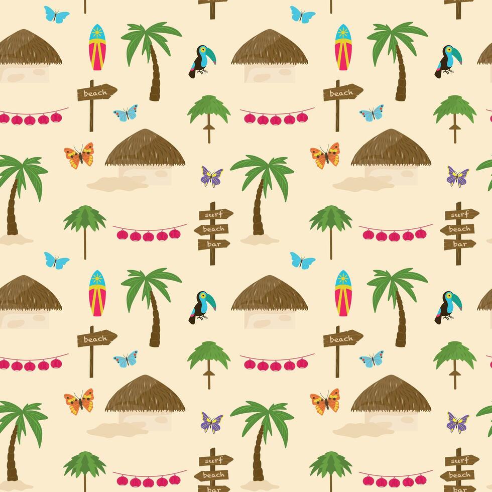 Tropical hand drawn seamless pattern on a sand color background. Palm tree, bungalow, toucan, surfboard, butterfly, wooden sign. illustration in cartoon style. Tropical pattern. vector
