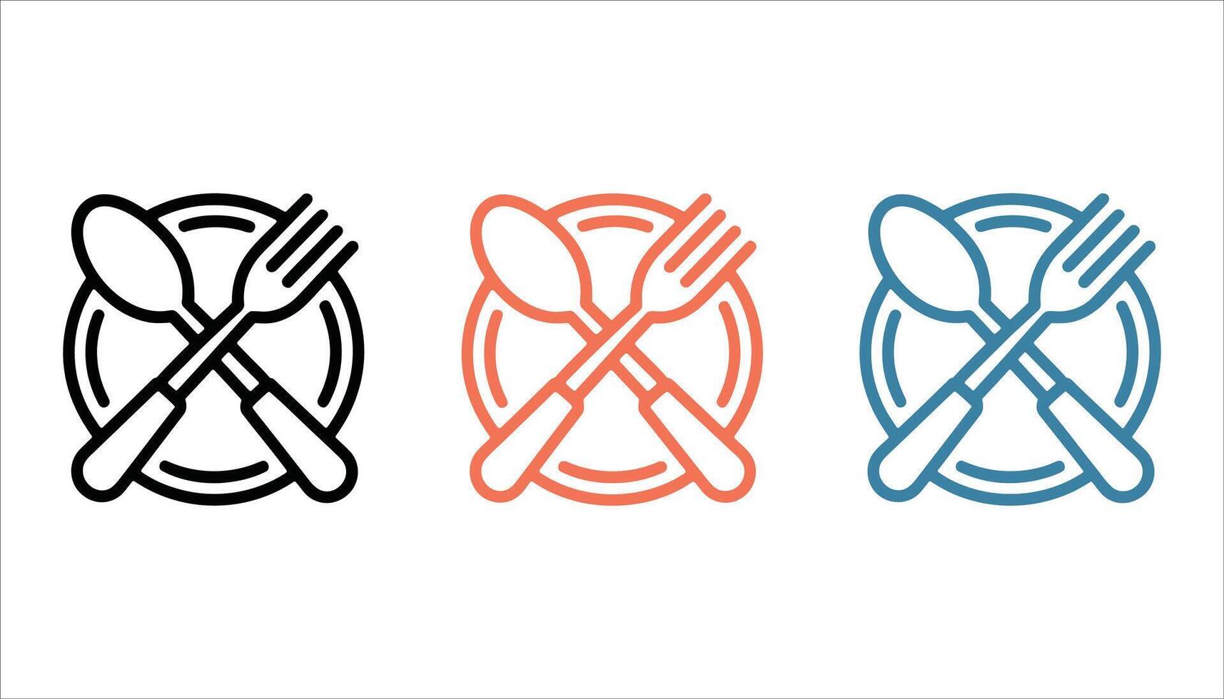 Food Icon Fork Spoon Plate Outline in Black, Red, and Blue Variations vector