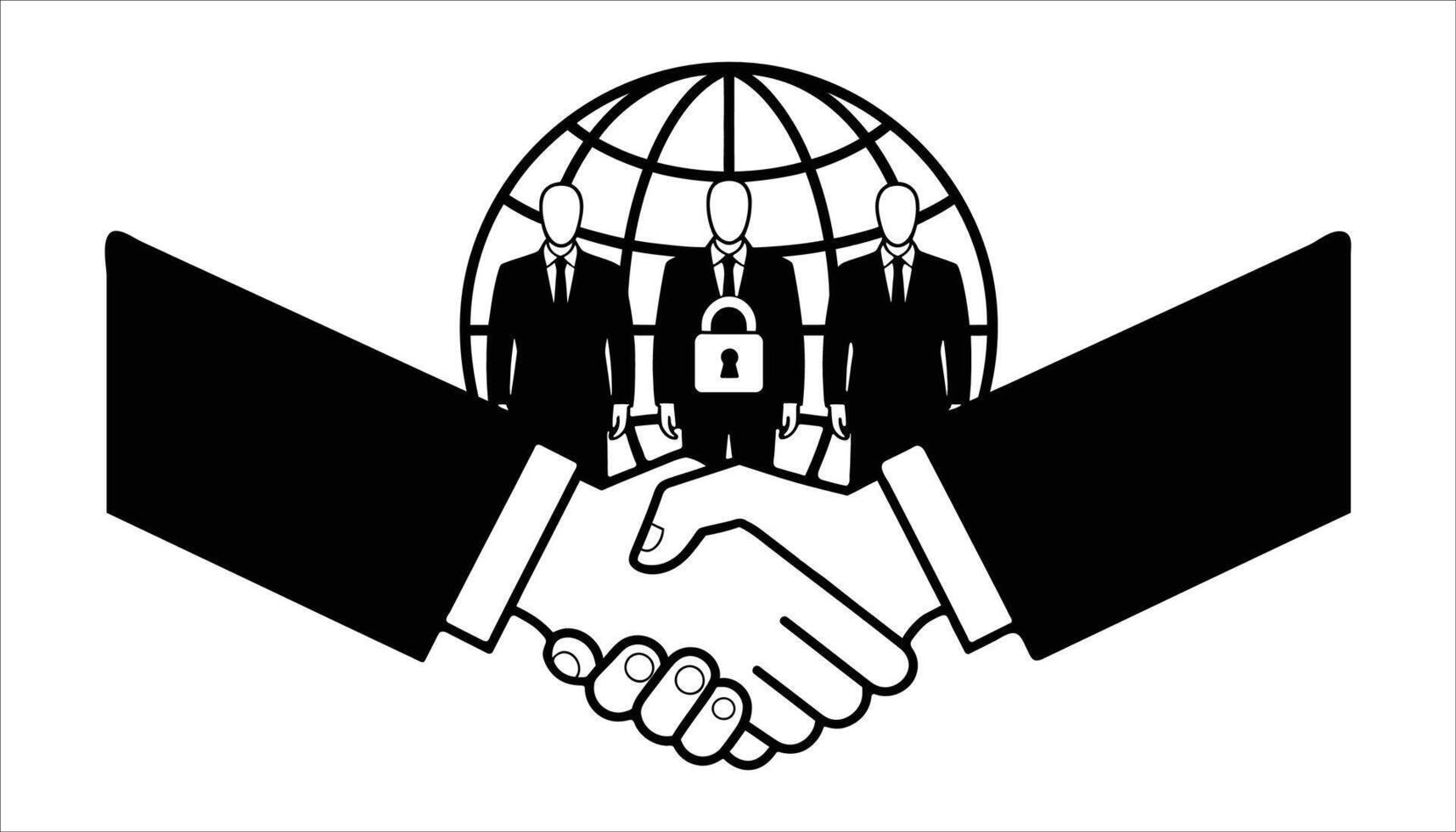 Secure Business Partnership Handshake, Global Network, Lock, and Corporate Team Silhouette Icons vector