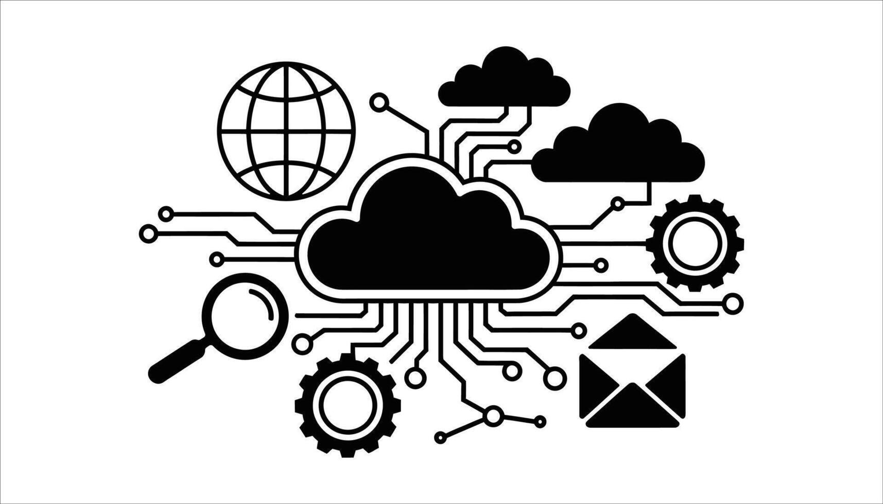Cloud Computing Network Illustration Data Storage, Connectivity, Internet, Email, and Server Icons vector