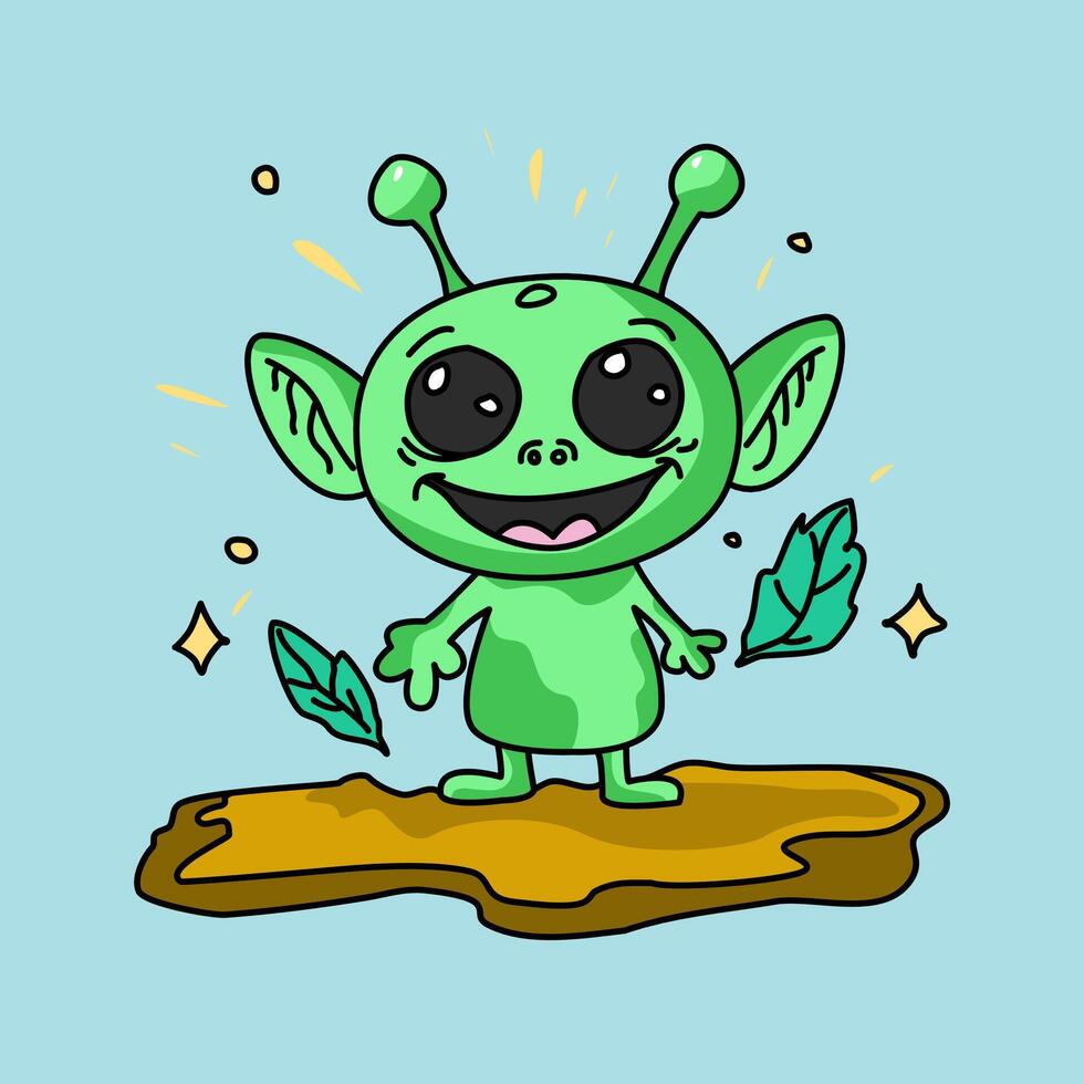 cute green alien character illustration with leaves and sparkling stars vector