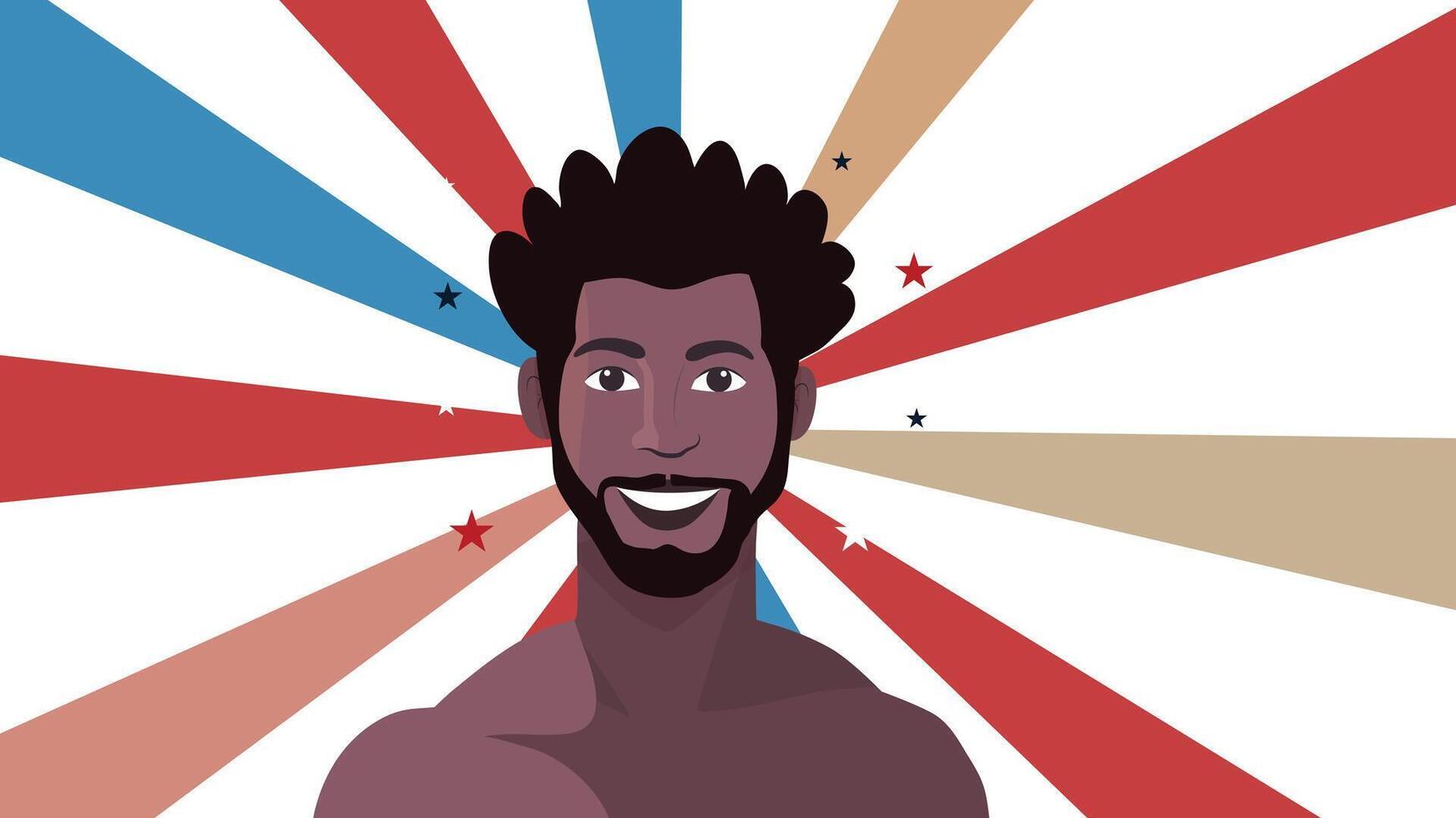 Happy smiling man with patriotic rays background celebrating American Independence Day vector