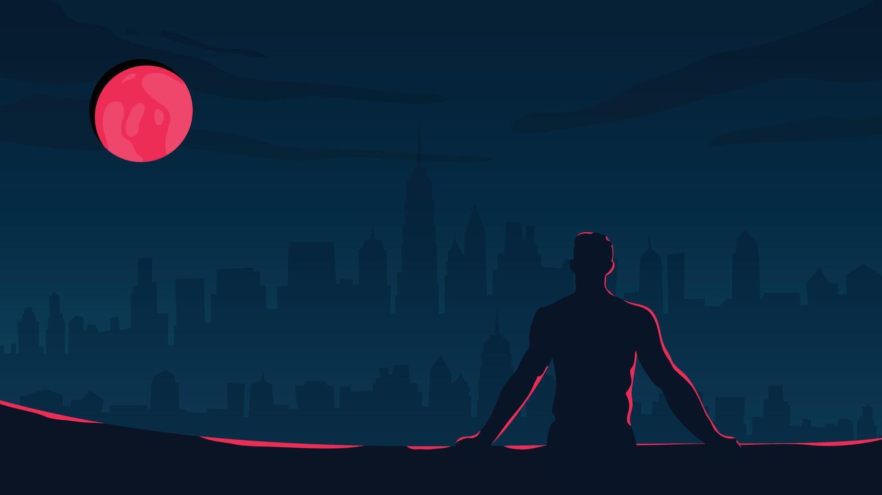 Silhouette of Man Watching American Skyline Under Red Moon in the Night vector