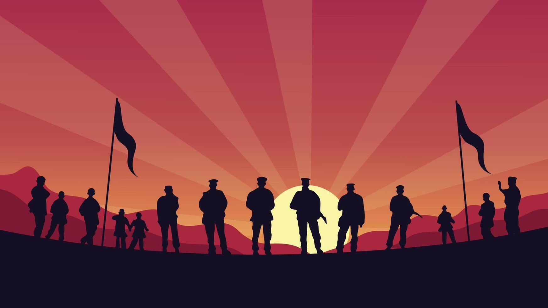 Silhouettes of soldiers with flags at sunset honoring American military pride vector