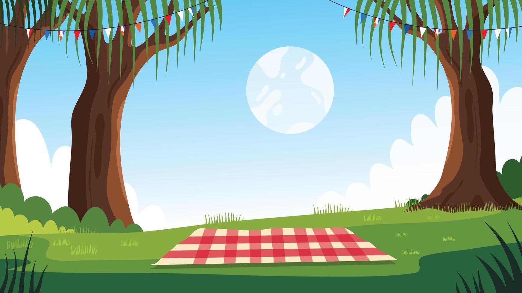 Picnic blanket under trees with full moon and blue sky in patriotic park vector
