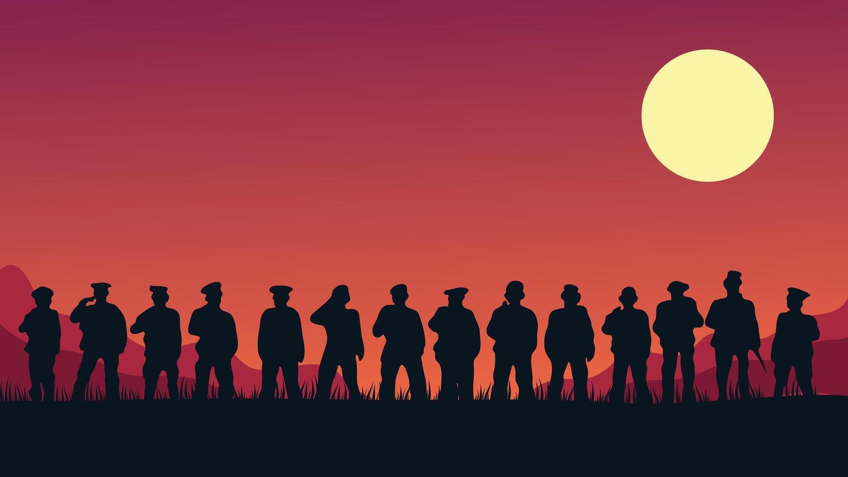 Silhouettes of people in patriotic sunset scene with bold warm colors vector