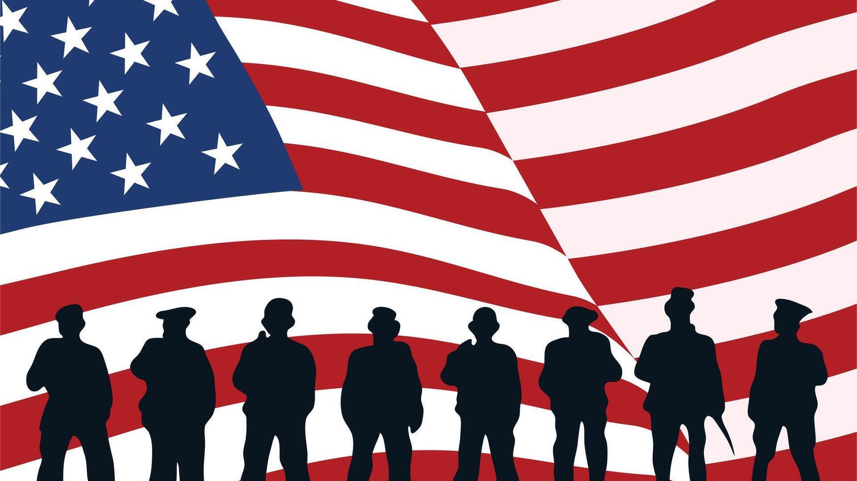 Group of service silhouettes saluting in front of large waving USA flag vector