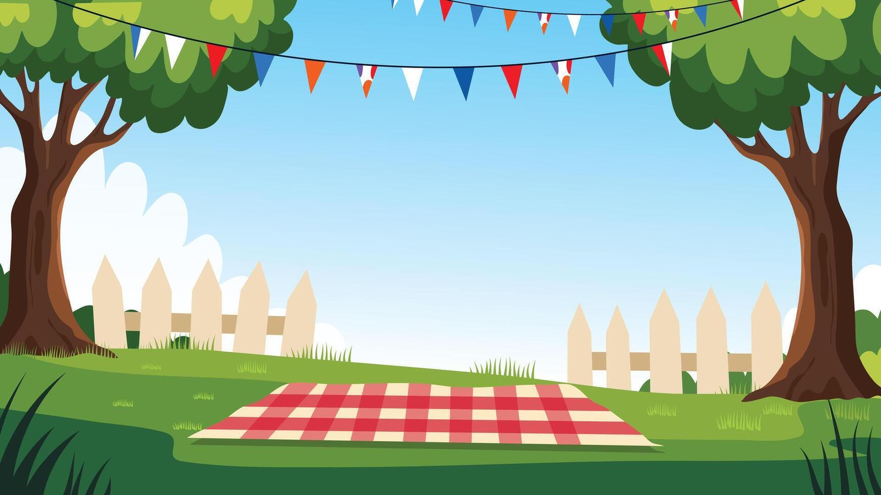 Patriotic picnic scene with red blanket bunting and white fence in summer park vector