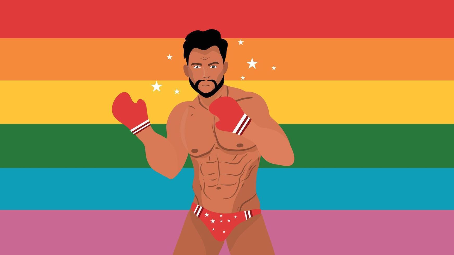 Sexy Gay Boxer Celebrating Pride in Red Underwear with Rainbow Flag Background and Gloves vector