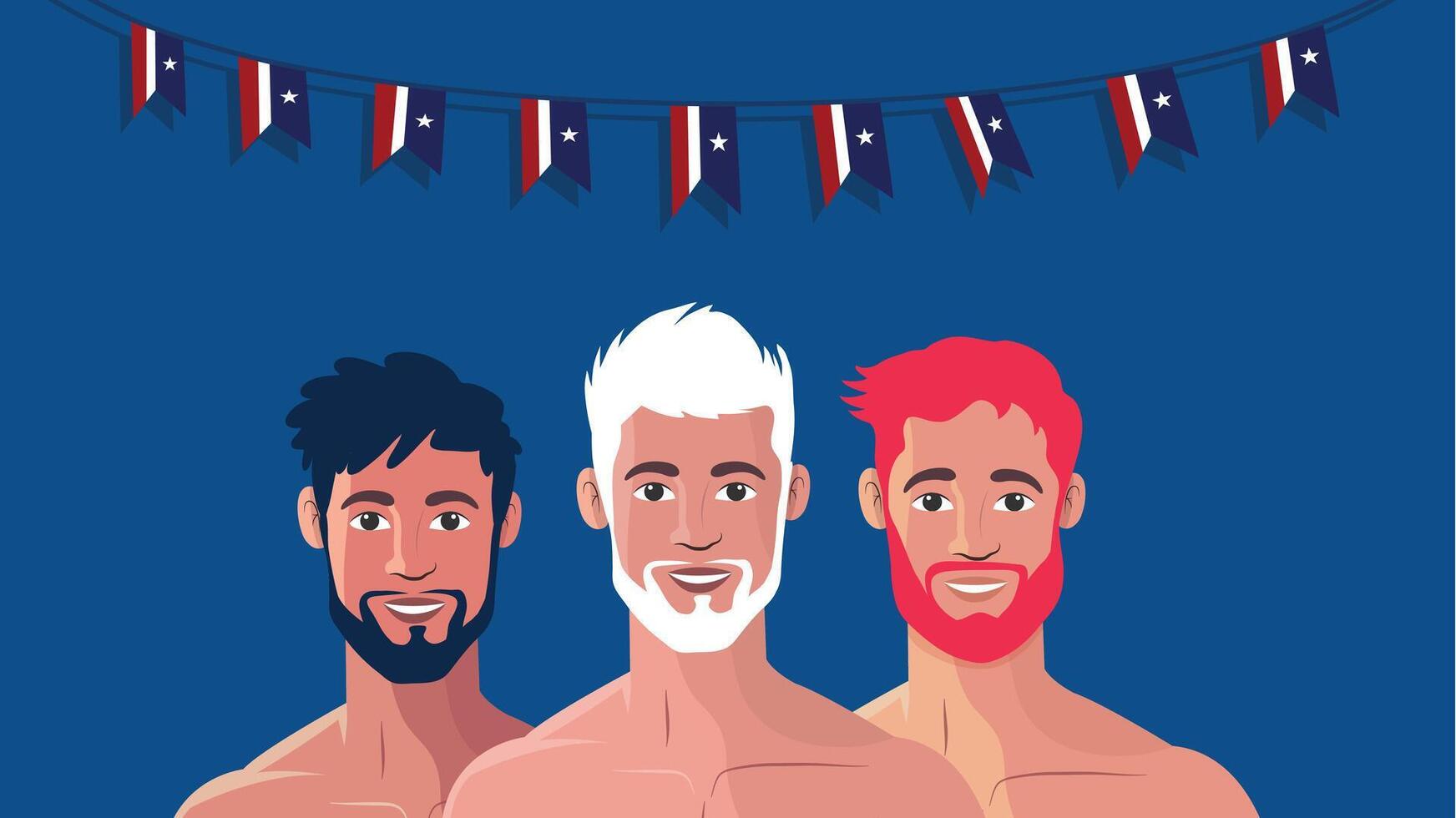Three shirtless men under patriotic bunting on dark blue background vector