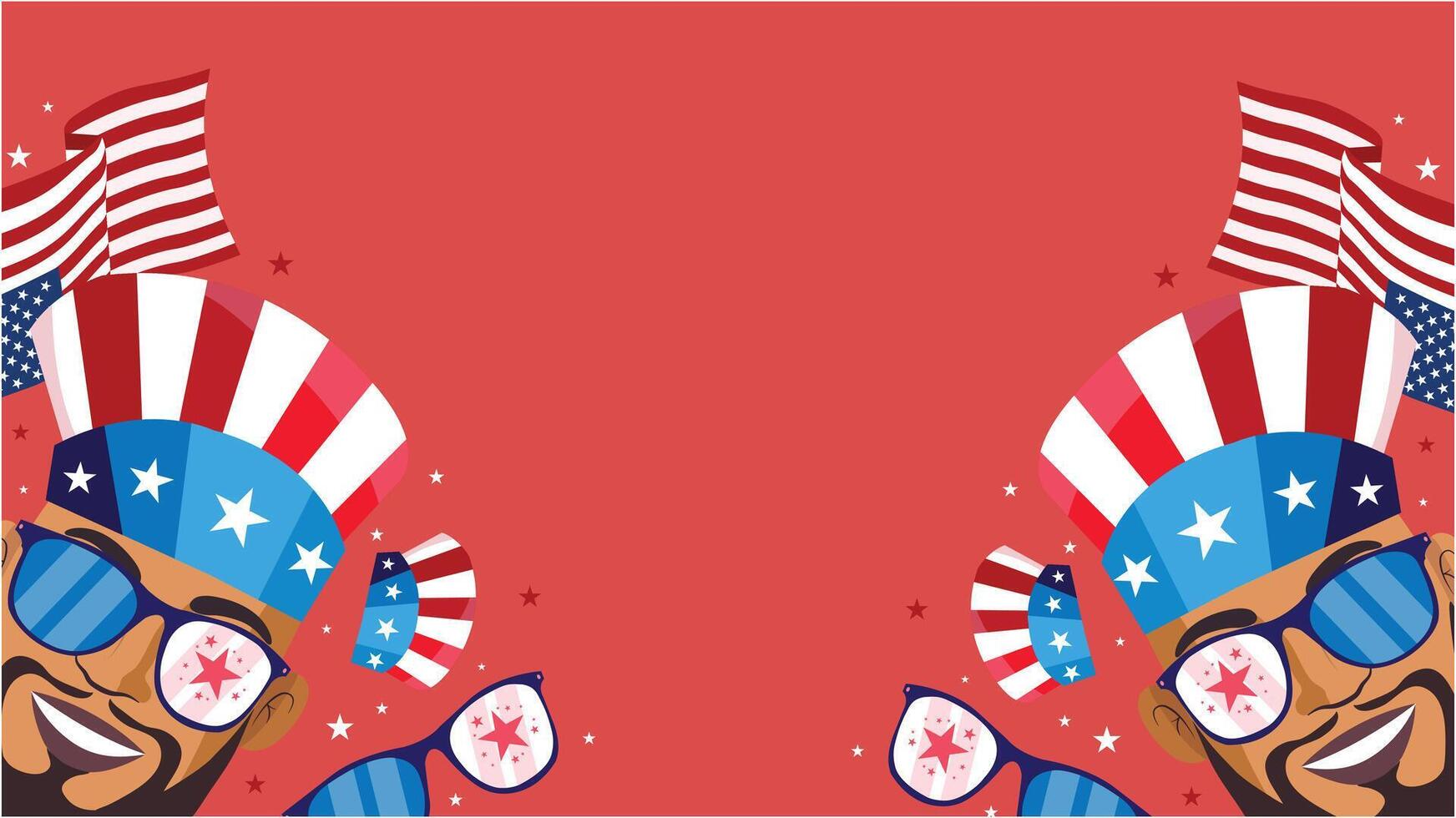 Patriotic crowd with Uncle Sam hats and flags cheering against bold red background vector