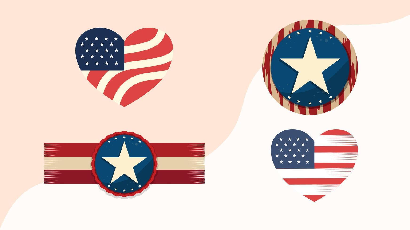 Patriotic Badges and Heart-Shaped American Flags for Independence Day Designs vector
