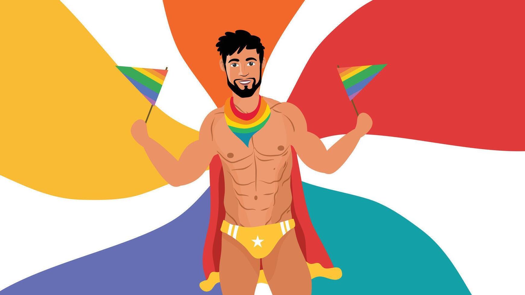 Superhero Themed Gay Man Celebrating Pride with Rainbow Flags and Bold Color Background vector