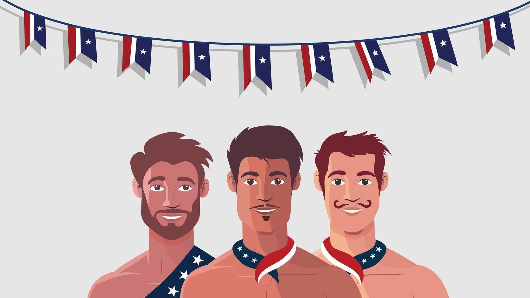 Three smiling men with patriotic neckties under American bunting vector