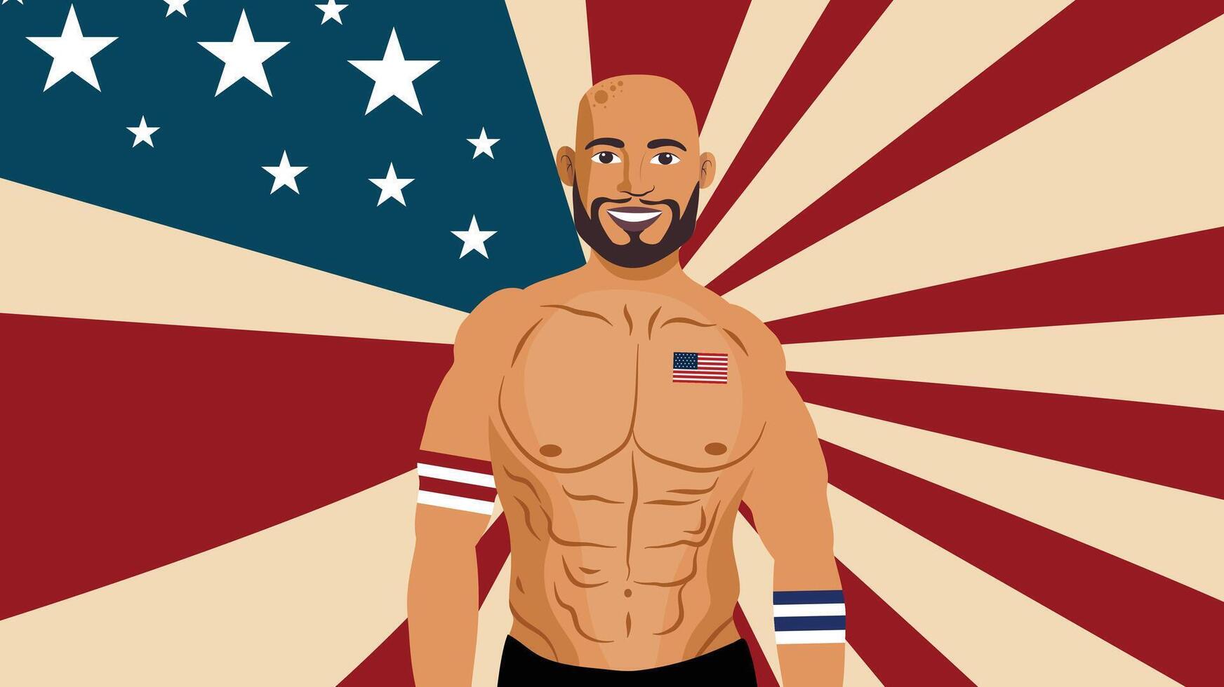 Muscular Patriotic Man with American Flag and Star Background Representing Strength and Freedom vector