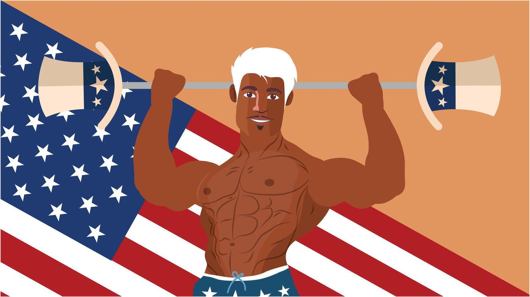 Strong man lifting dumbbells in American flag shorts with confident smile vector