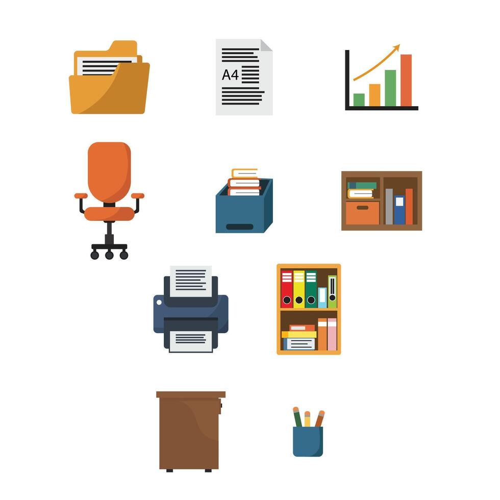 Colorful Office Equipment and Data Graphics Set vector