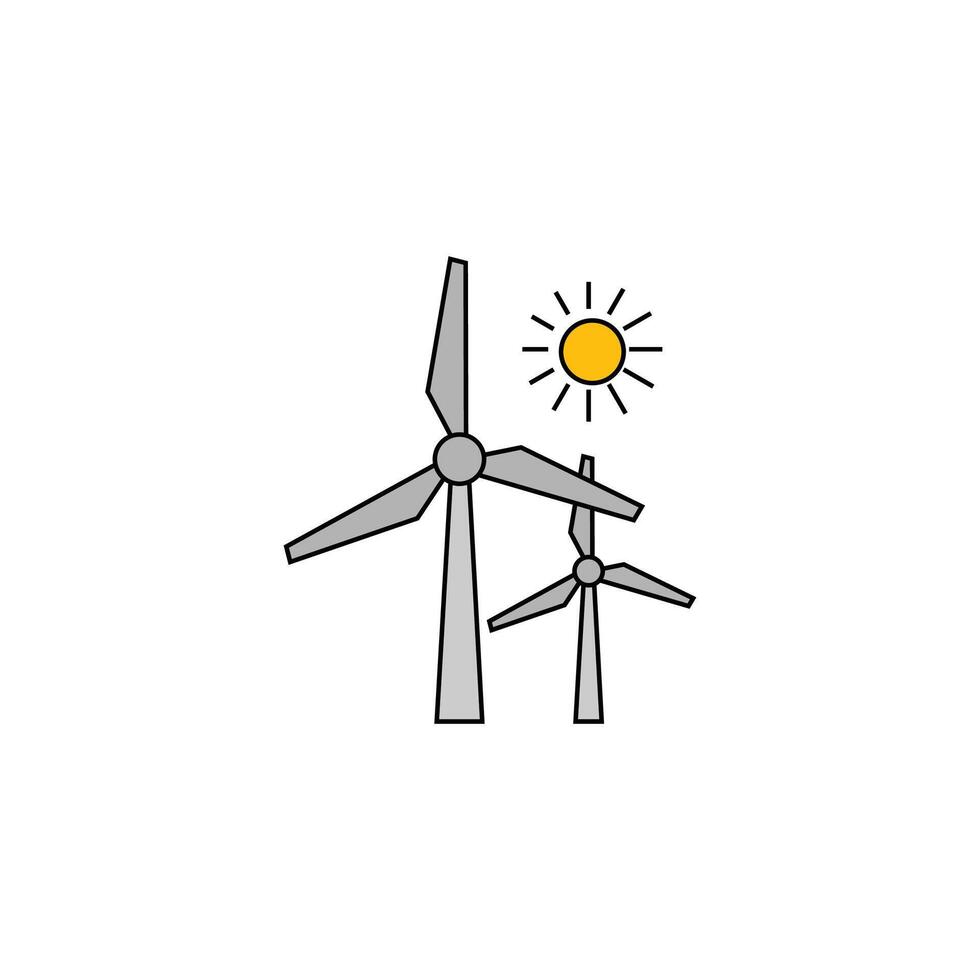 Wind turbines with shining sun icon vector