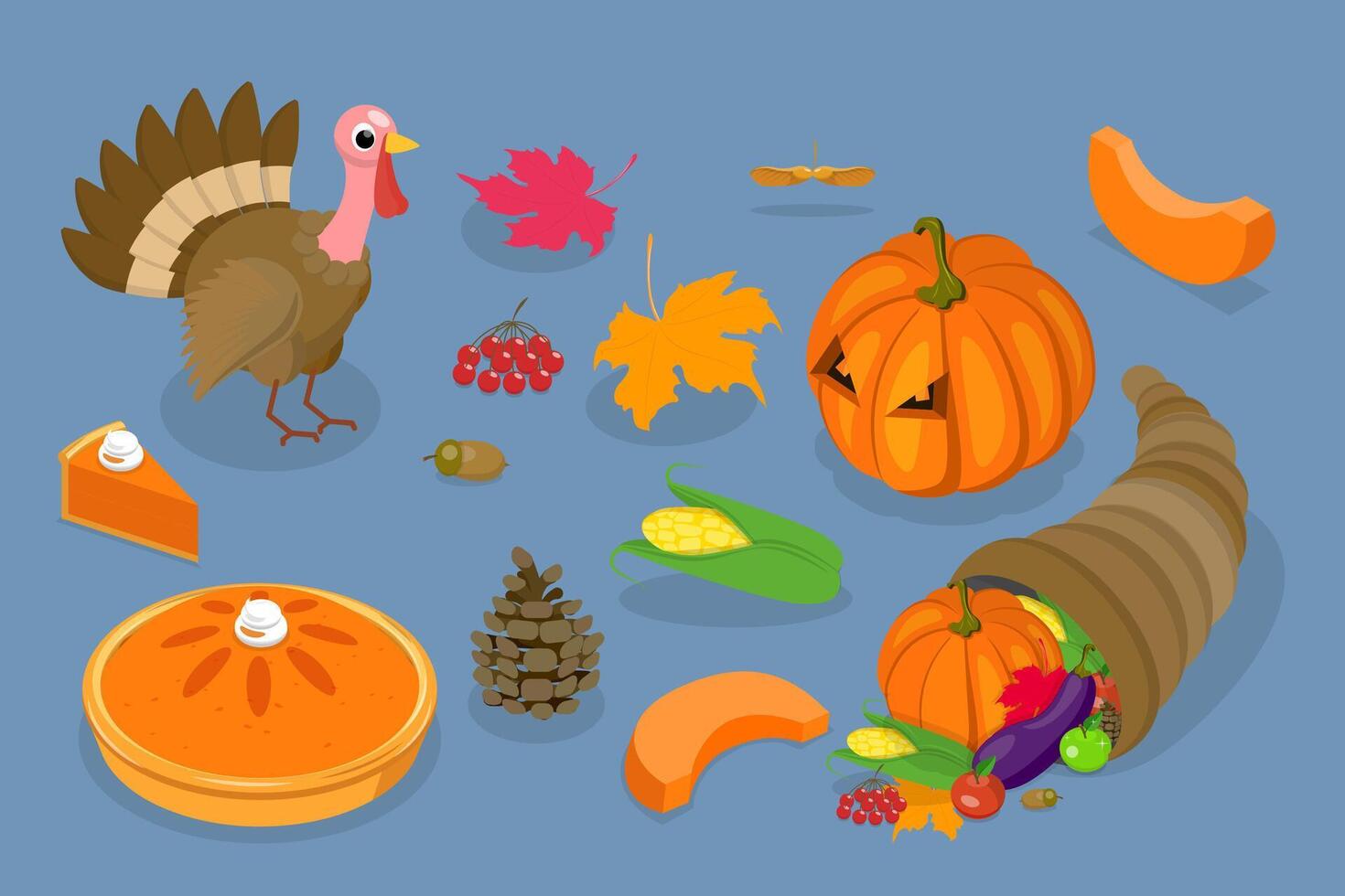 3D Isometric Flat Set of Thanksgiving Set, Fall Season Decoration vector
