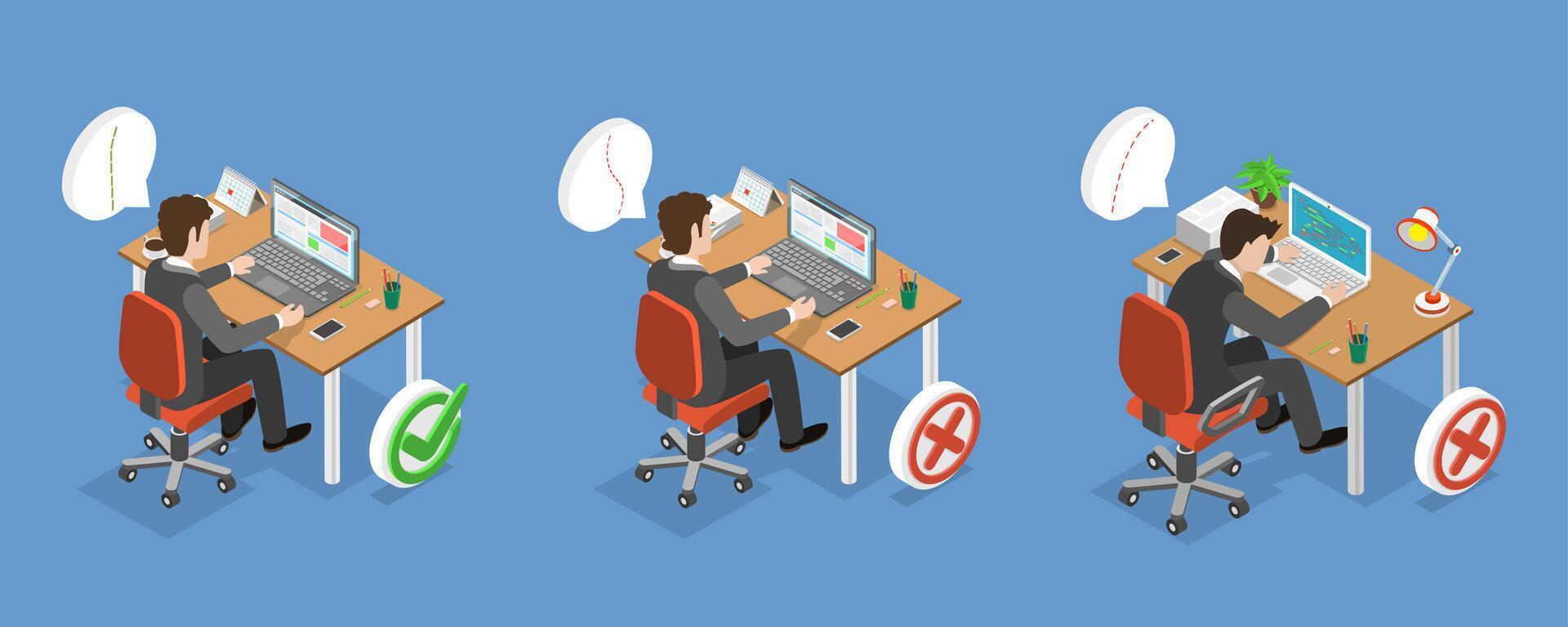 3D Isometric Flat Conceptual Illustration of Right And Wrong Sitting Postures, Medical Ergonomic Workplace vector