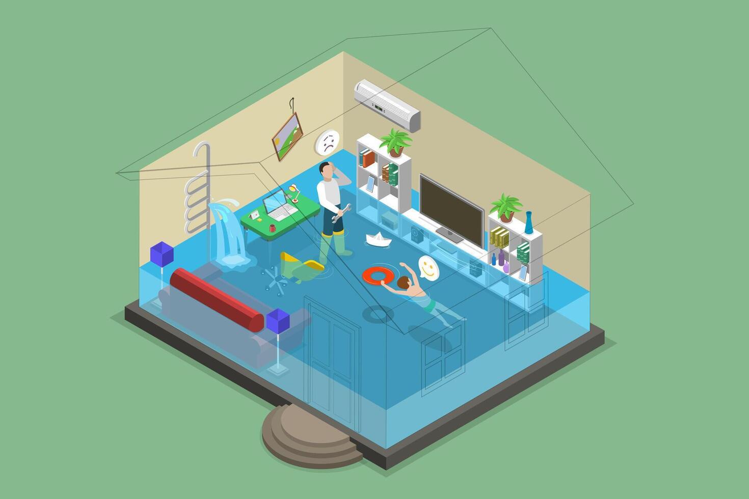 3D Isometric Flat Conceptual Illustration of Flooded Room, Water Leak Problem vector