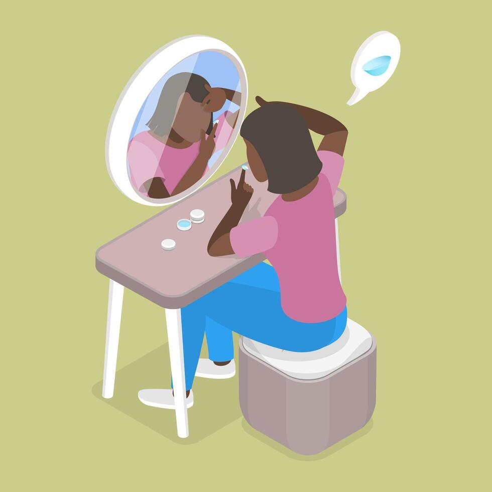 3D Isometric Flat Conceptual Illustration of Contact Lenses, How to Put and Remove Instructions vector